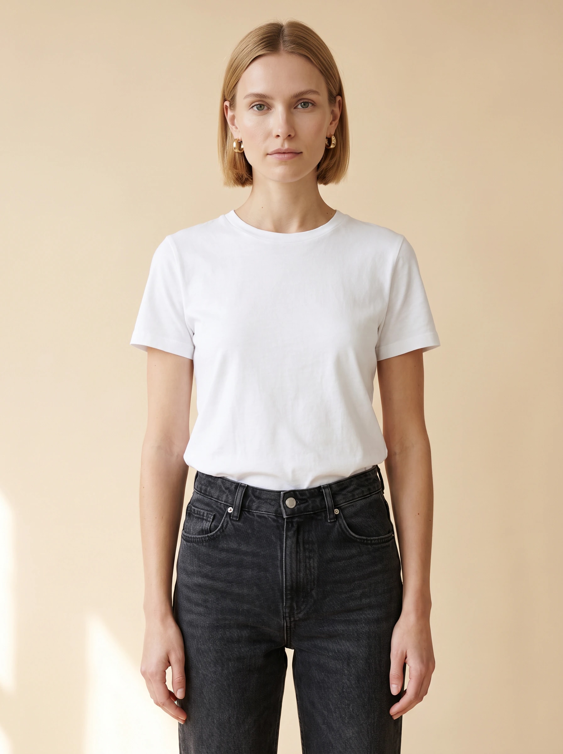 Selected Glammo AI model in a plain white T-shirt before the photoshoot