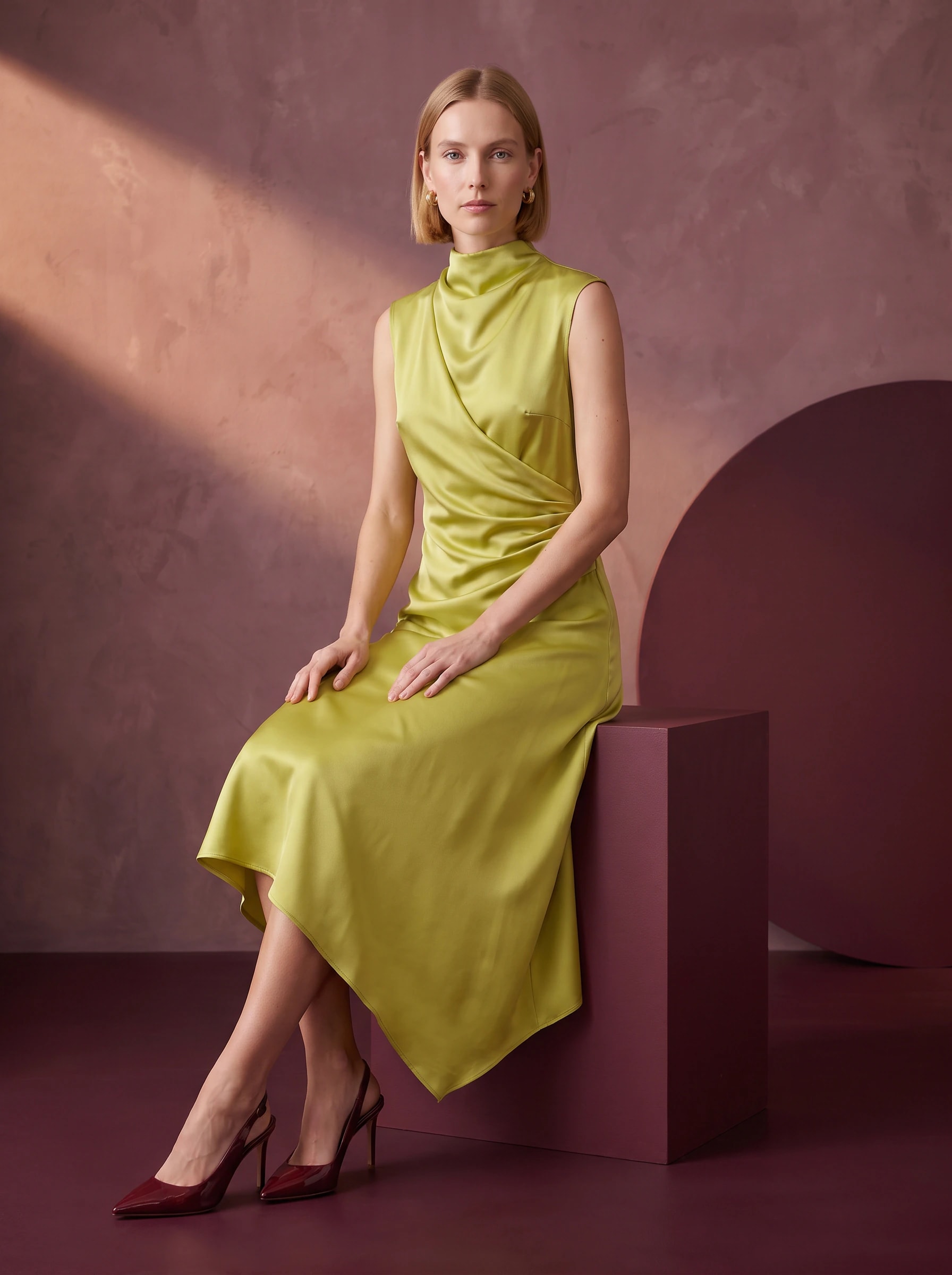A second campaign look: the same model and dress, photographed seated in a plum studio