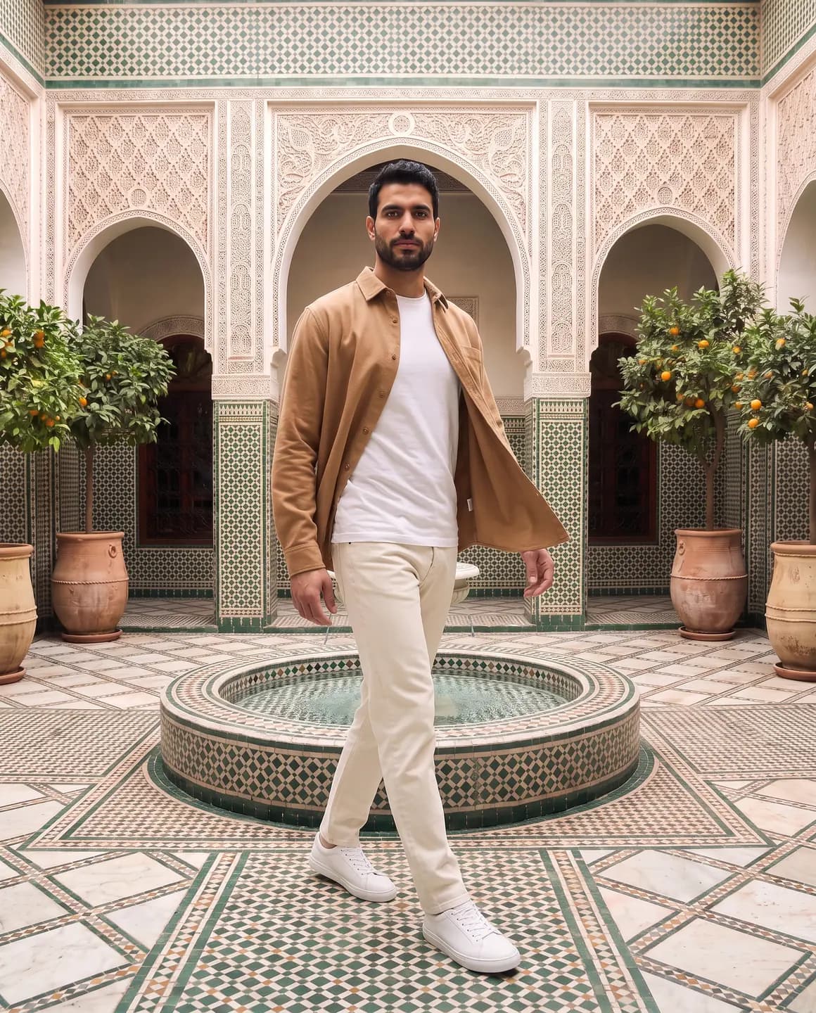 The same look in movement, with the camel overshirt swinging open