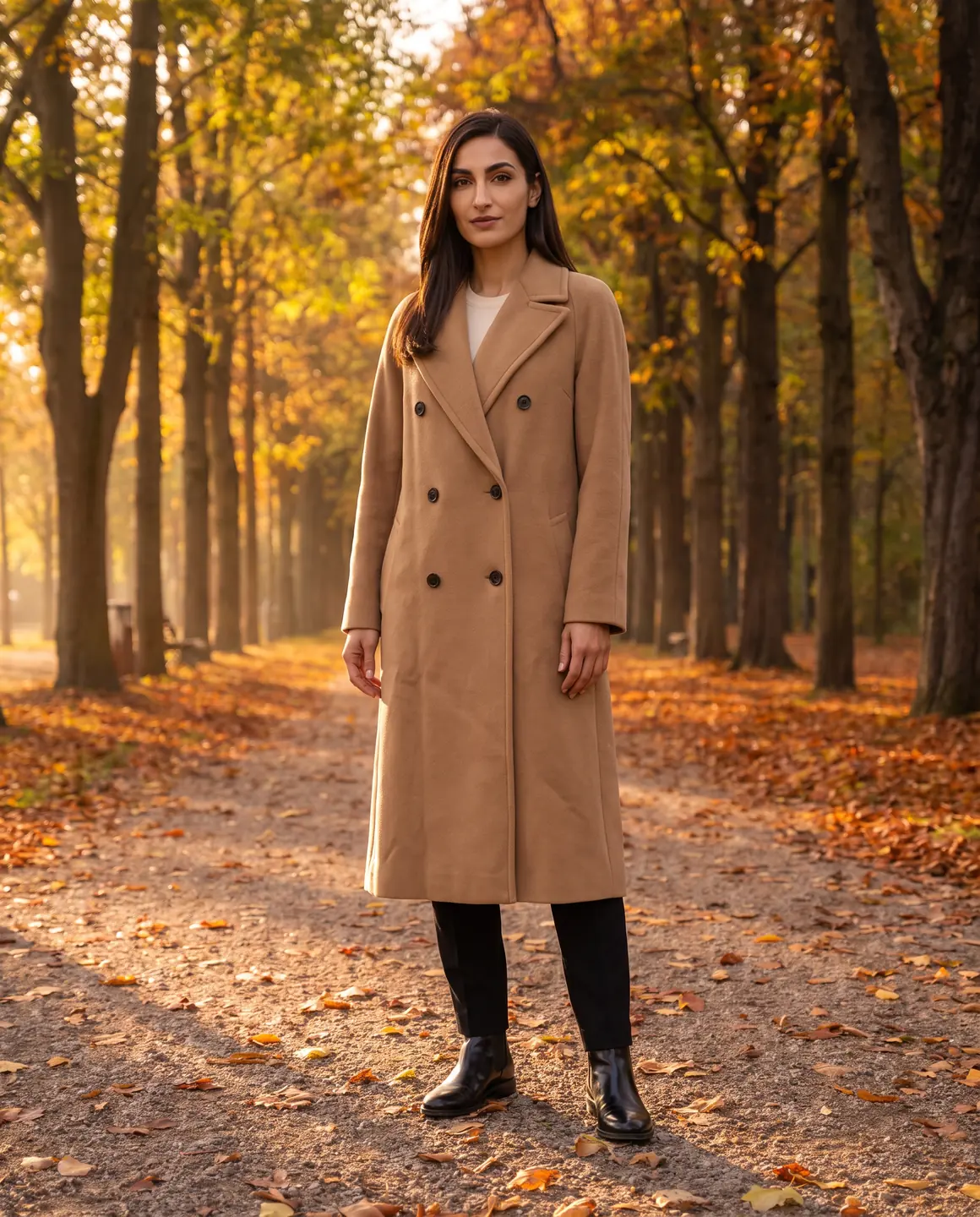 The camel coat: on a model