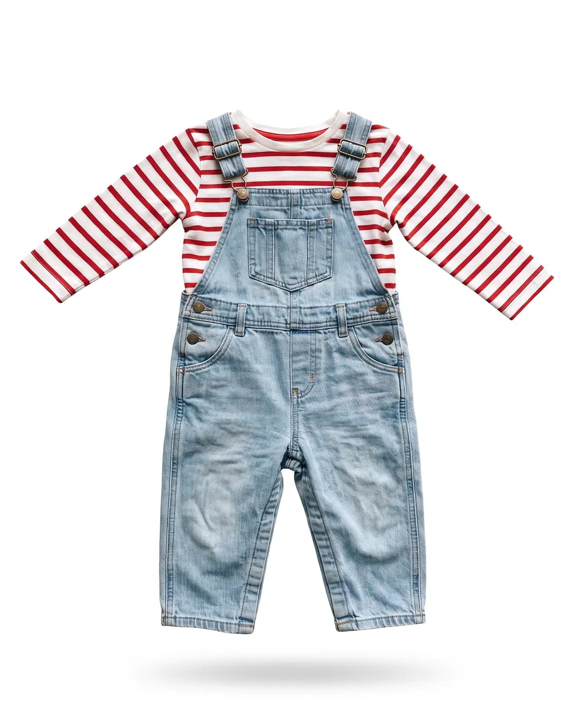 Children's light-blue denim dungarees over a red and white striped top, floating on white