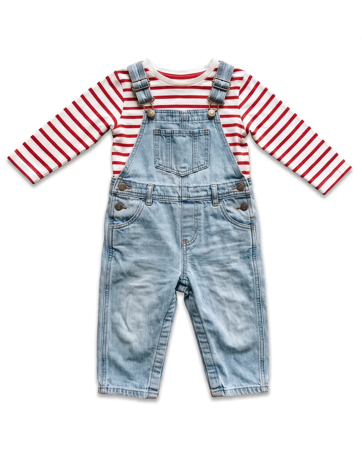 The same dungarees and striped top laid flat on white