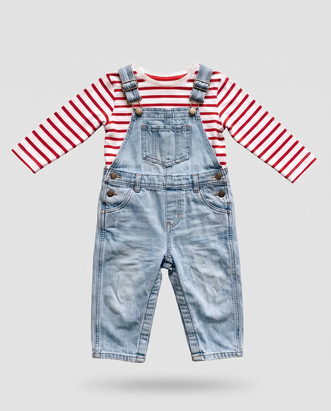 The dungarees and striped top floating on light grey