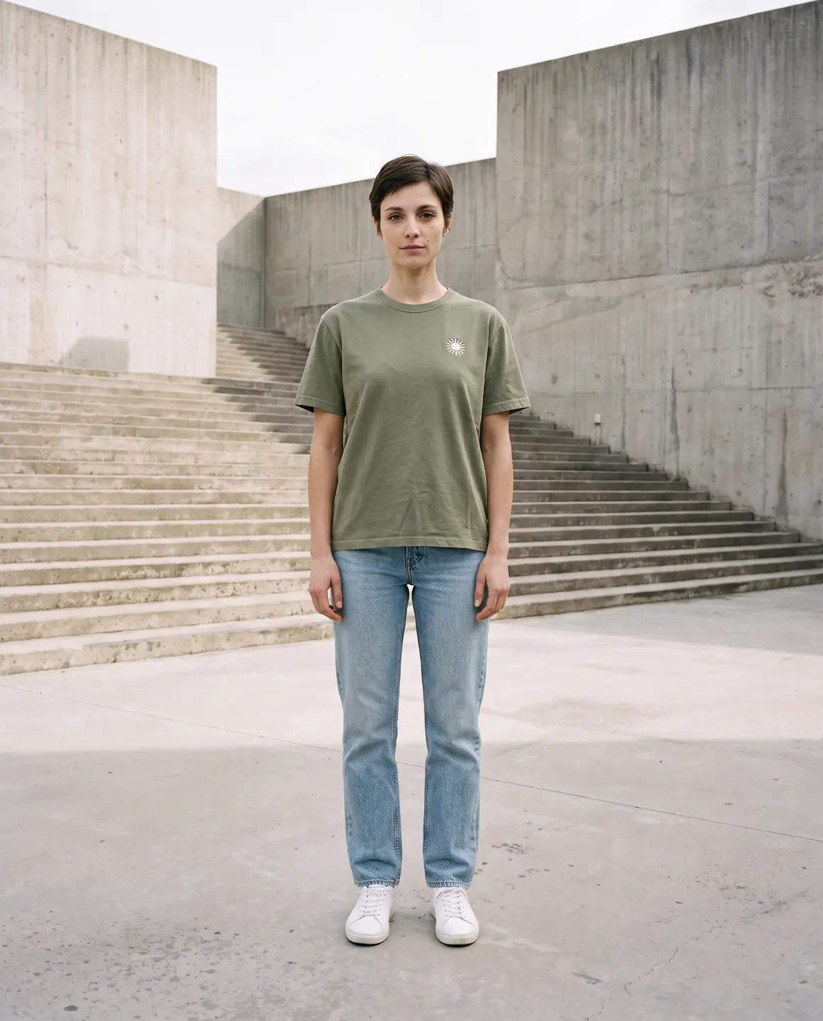 The olive T-shirt: on the model
