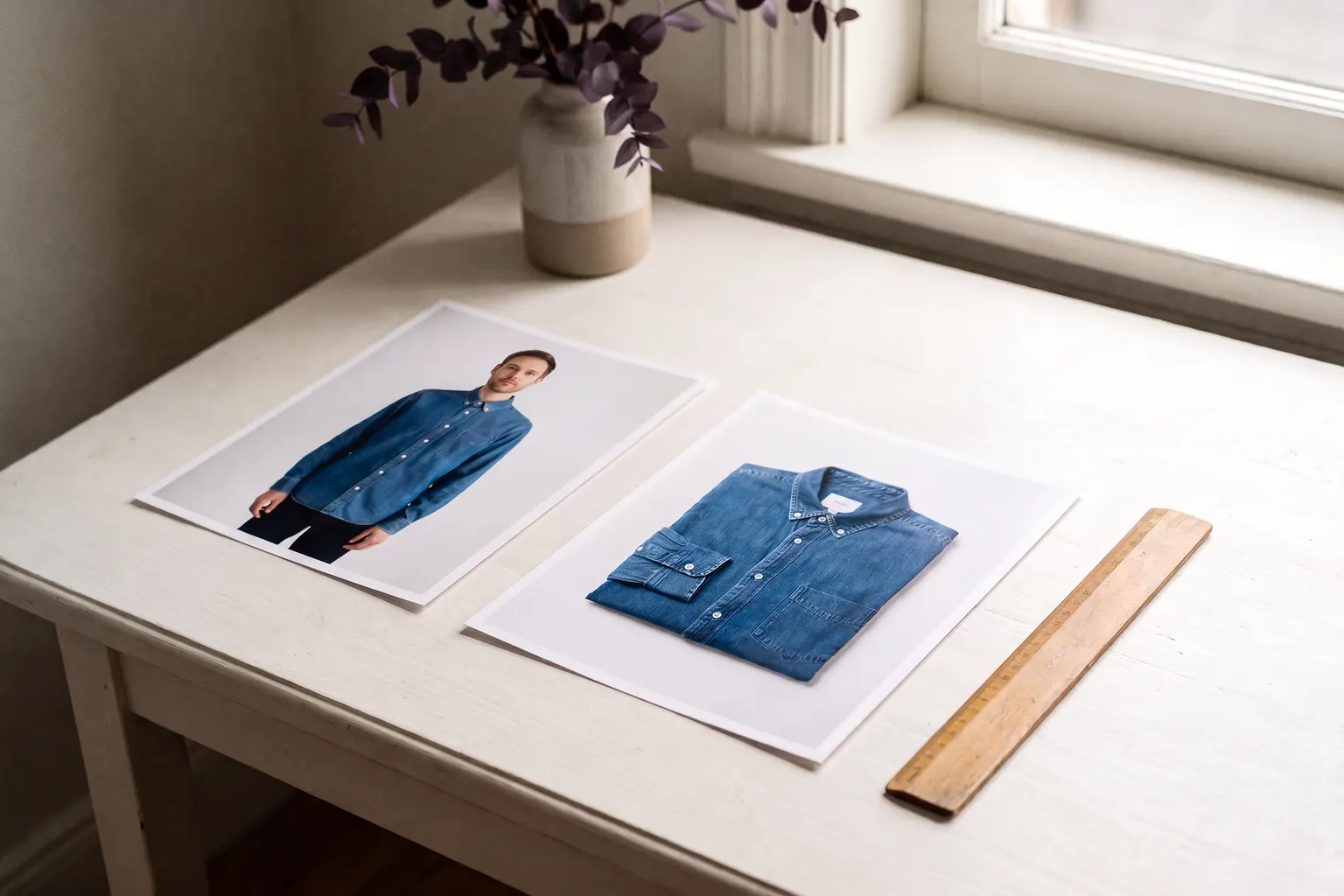 Two prints of a denim shirt on a white desk, one worn by a model against white and one as a garment-only packshot, beside a ruler.