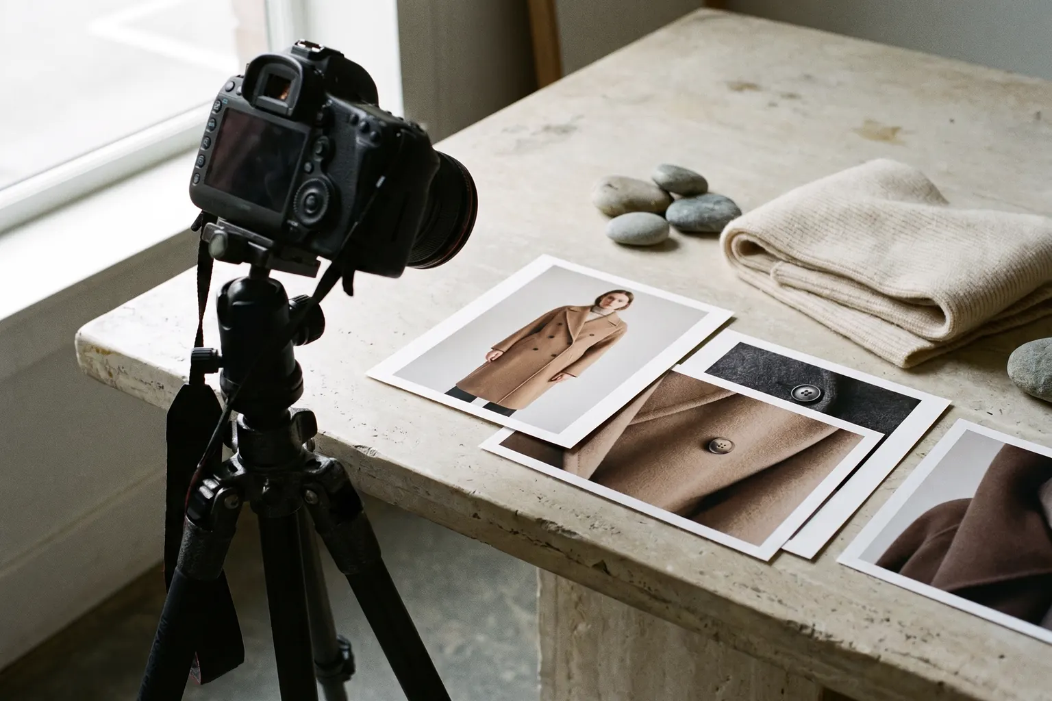 A camera on a tripod beside printed photographs of a model wearing a camel coat, laid out on a studio table.