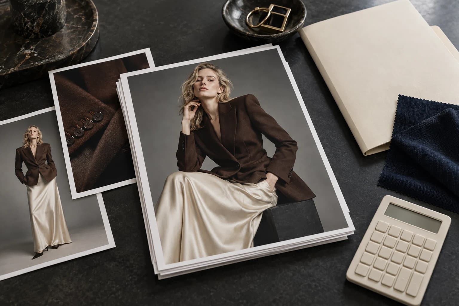 Fashion photographs of chocolate tailoring and an ivory satin skirt beside a calculator, folder and fabric swatch.
