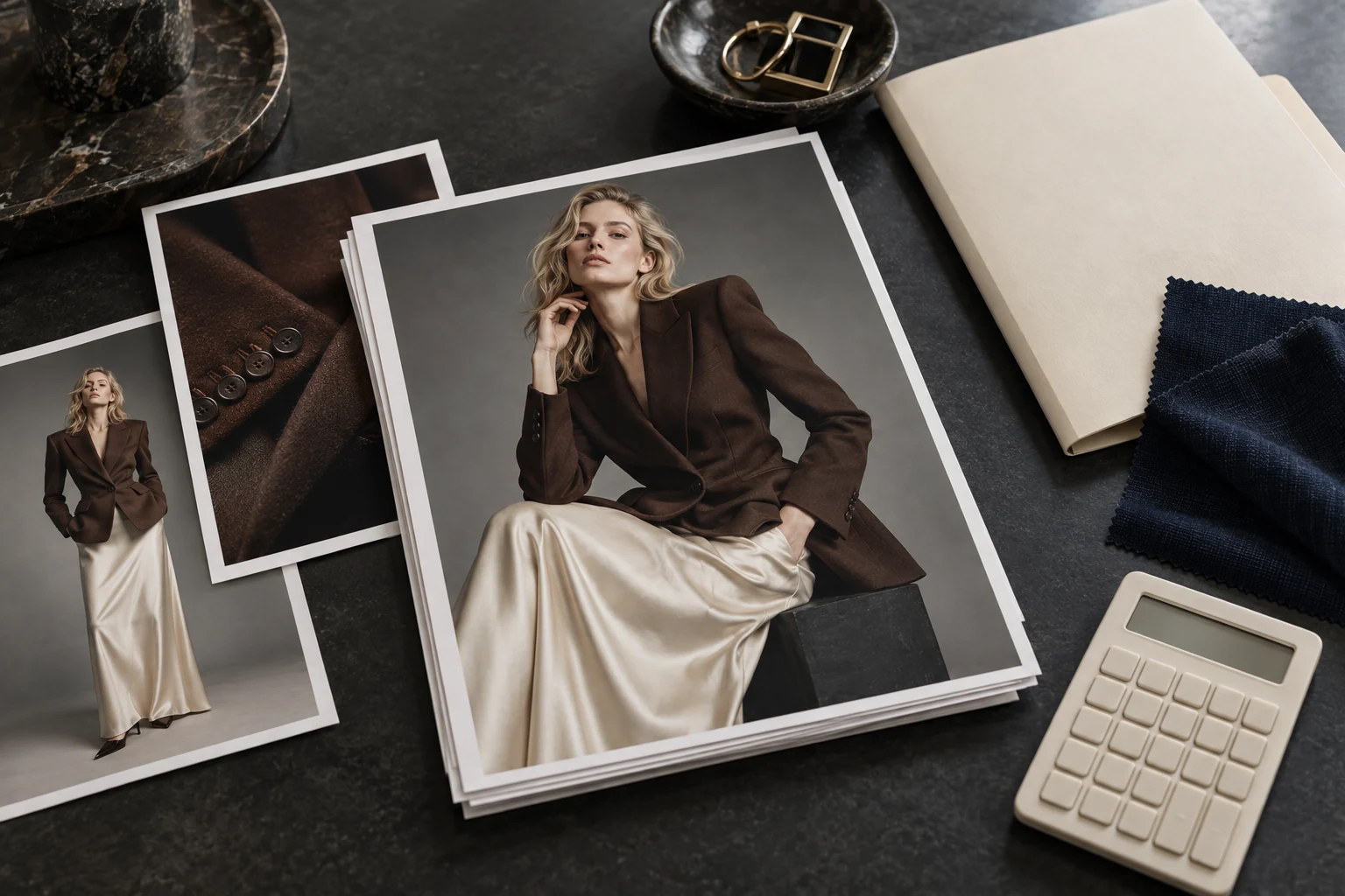 Fashion photographs of chocolate tailoring and an ivory satin skirt beside a calculator, folder and fabric swatch.