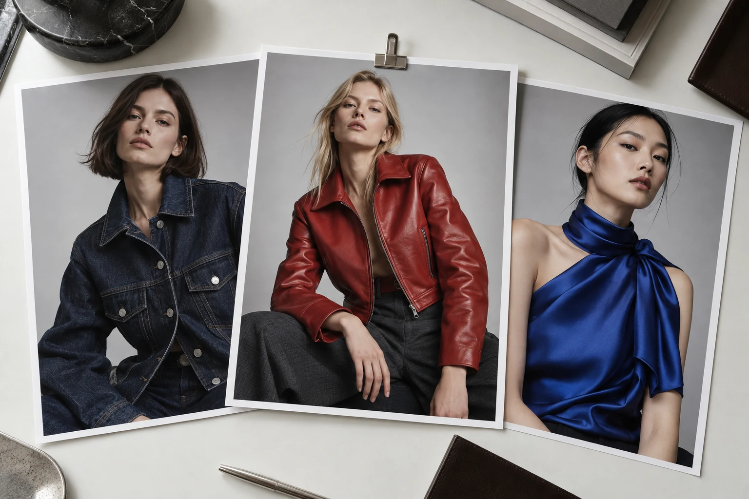 Fashion contact prints showing denim, a red leather jacket and a cobalt top arranged for selecting a catalogue refresh.