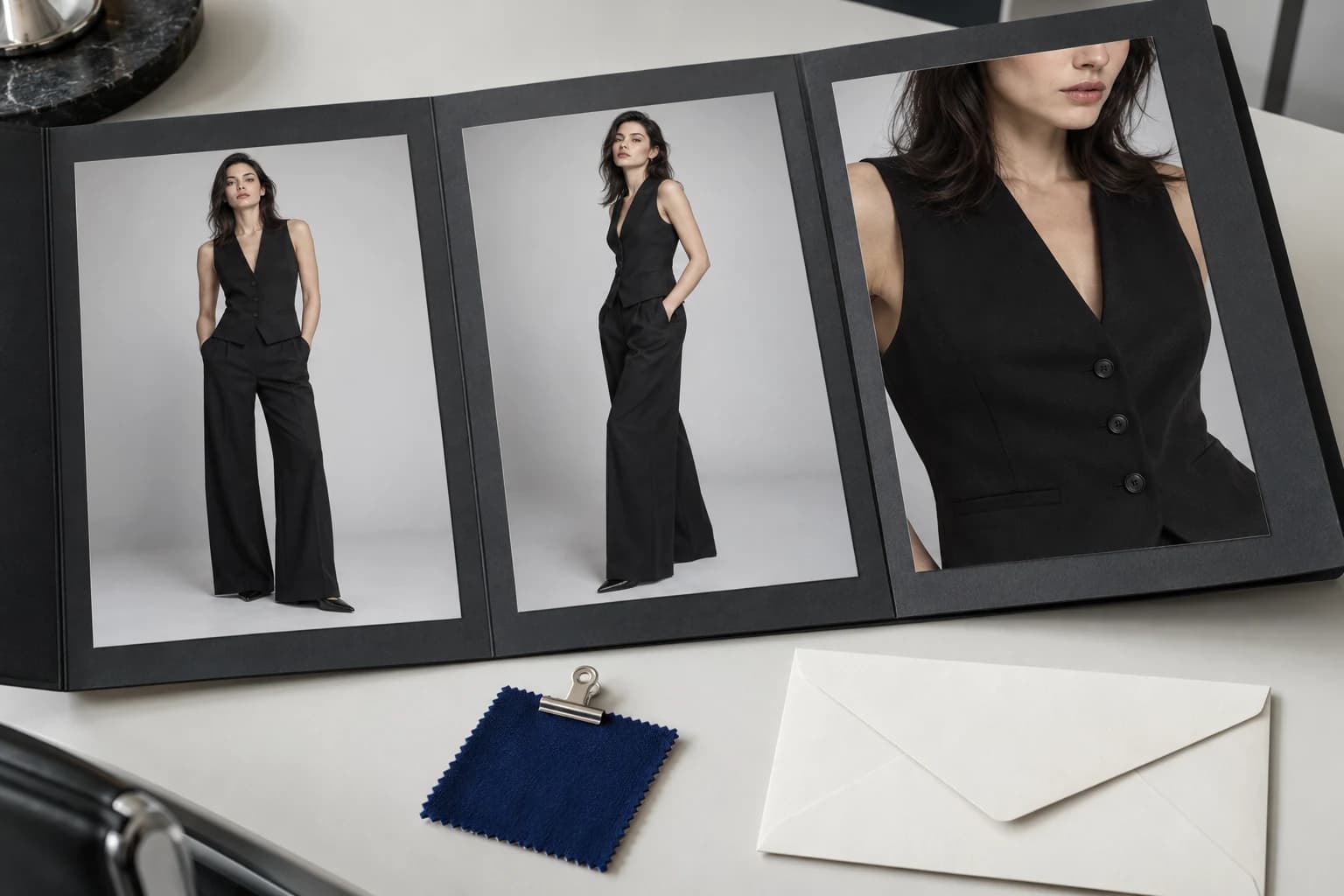 An open charcoal portfolio holding three views of a model in black tailoring beside a cobalt fabric swatch.