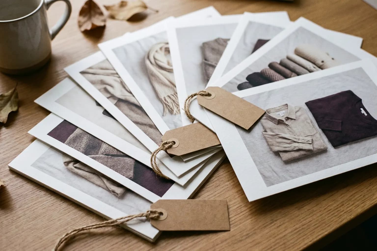 Printed product photographs on a desk, each with a blank paper tag tied to it.