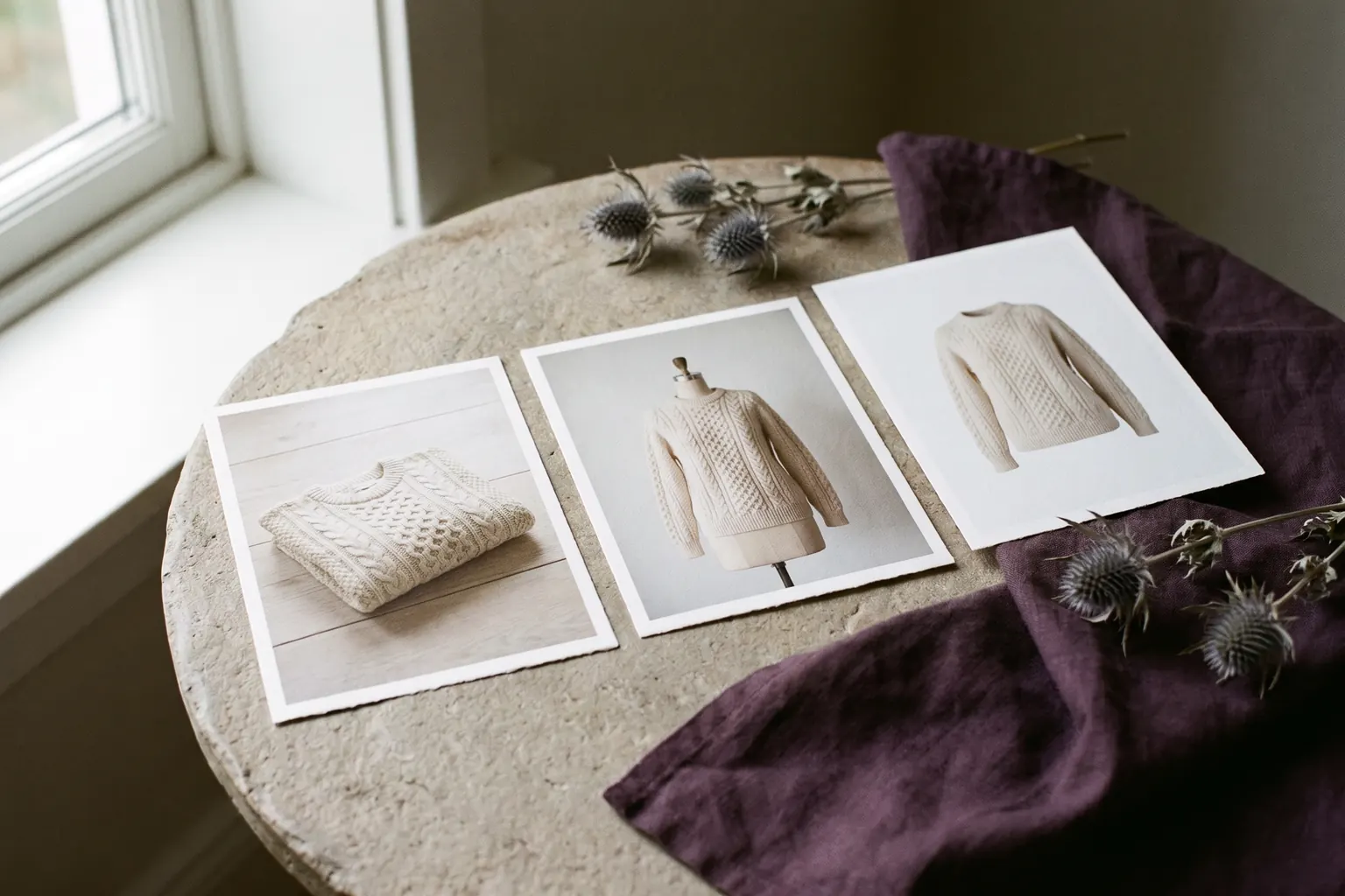 Three prints of the same sweater side by side: laid flat, on a dress form, and as a hollow ghost-mannequin shot.