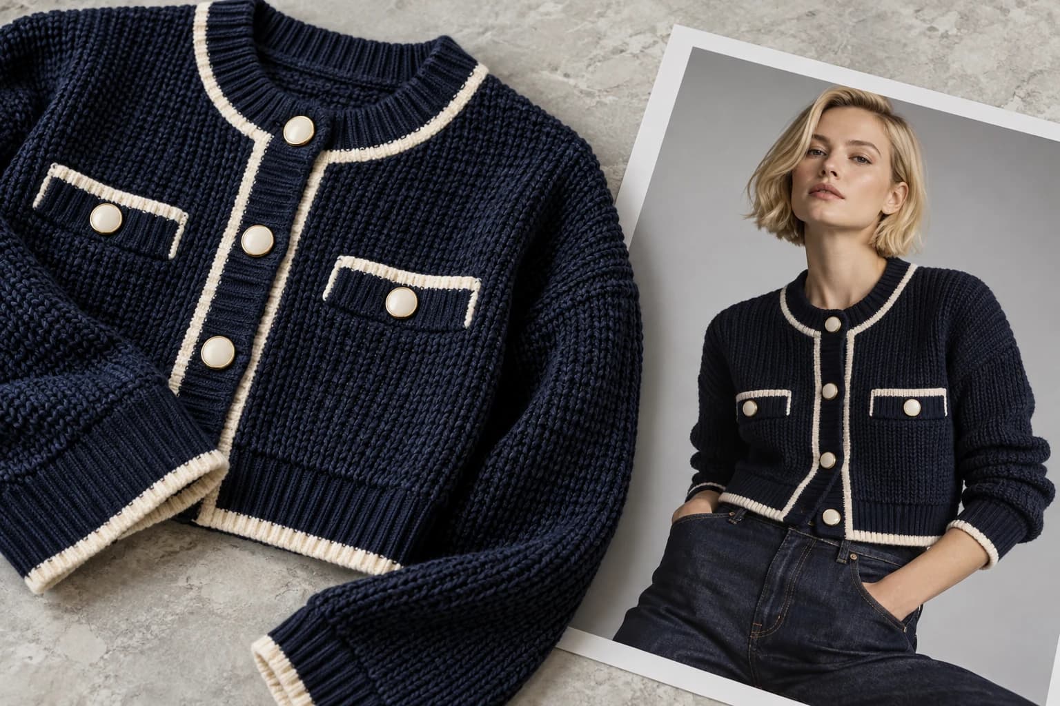 A navy cardigan with ivory trim beside a photograph of a model wearing the same design.