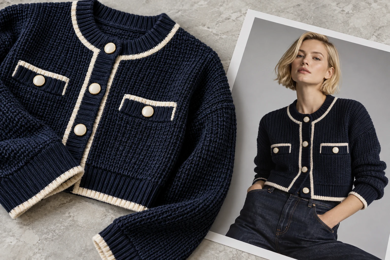 A navy cardigan with ivory trim beside a photograph of a model wearing the same design.