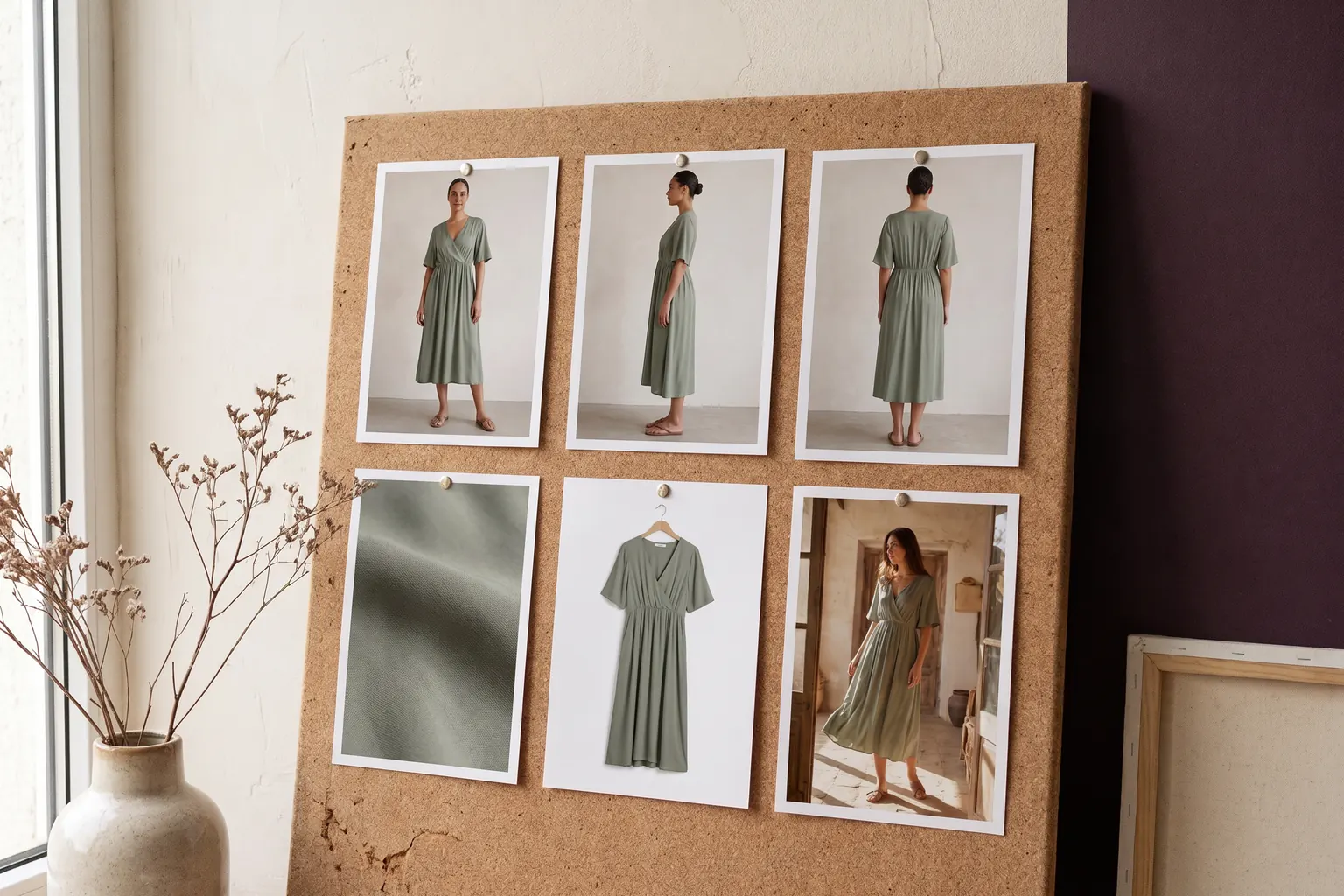 Six product-page prints of one dress pinned to a board, including full length, another angle, the back, a detail and a packshot.