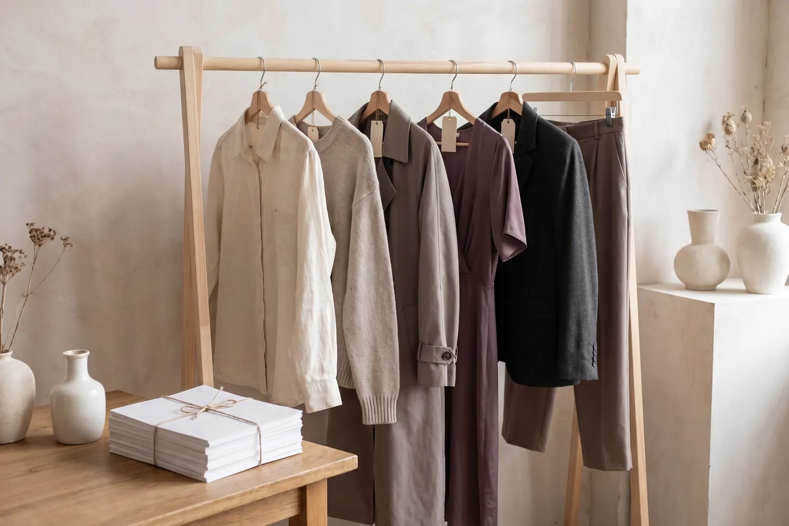 A clothing rail holding a small collection beside a stack of finished prints on a table.