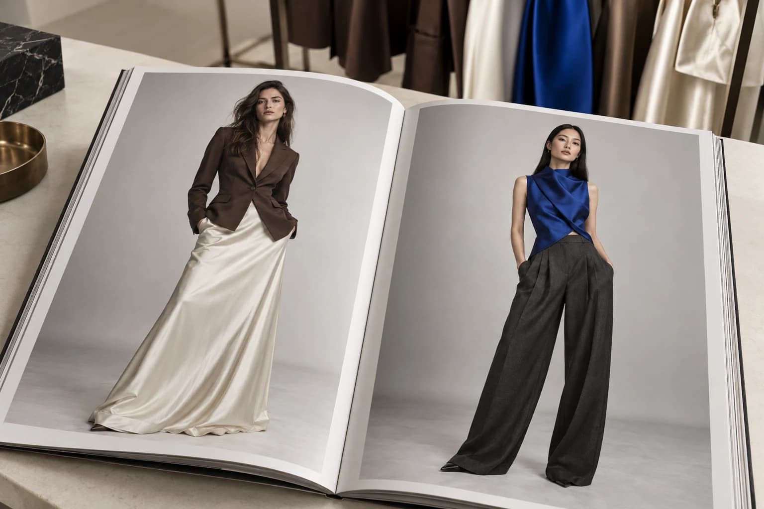 An open fashion lookbook showing chocolate tailoring, an ivory satin skirt and a cobalt top in a consistent studio setting.