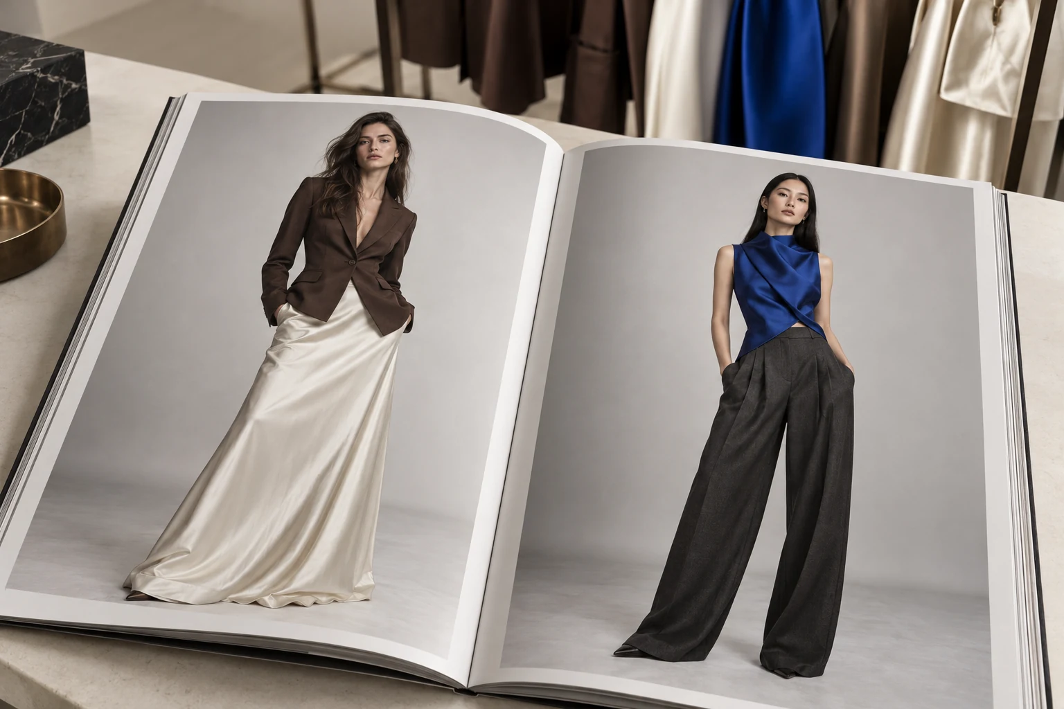 An open fashion lookbook showing chocolate tailoring, an ivory satin skirt and a cobalt top in a consistent studio setting.