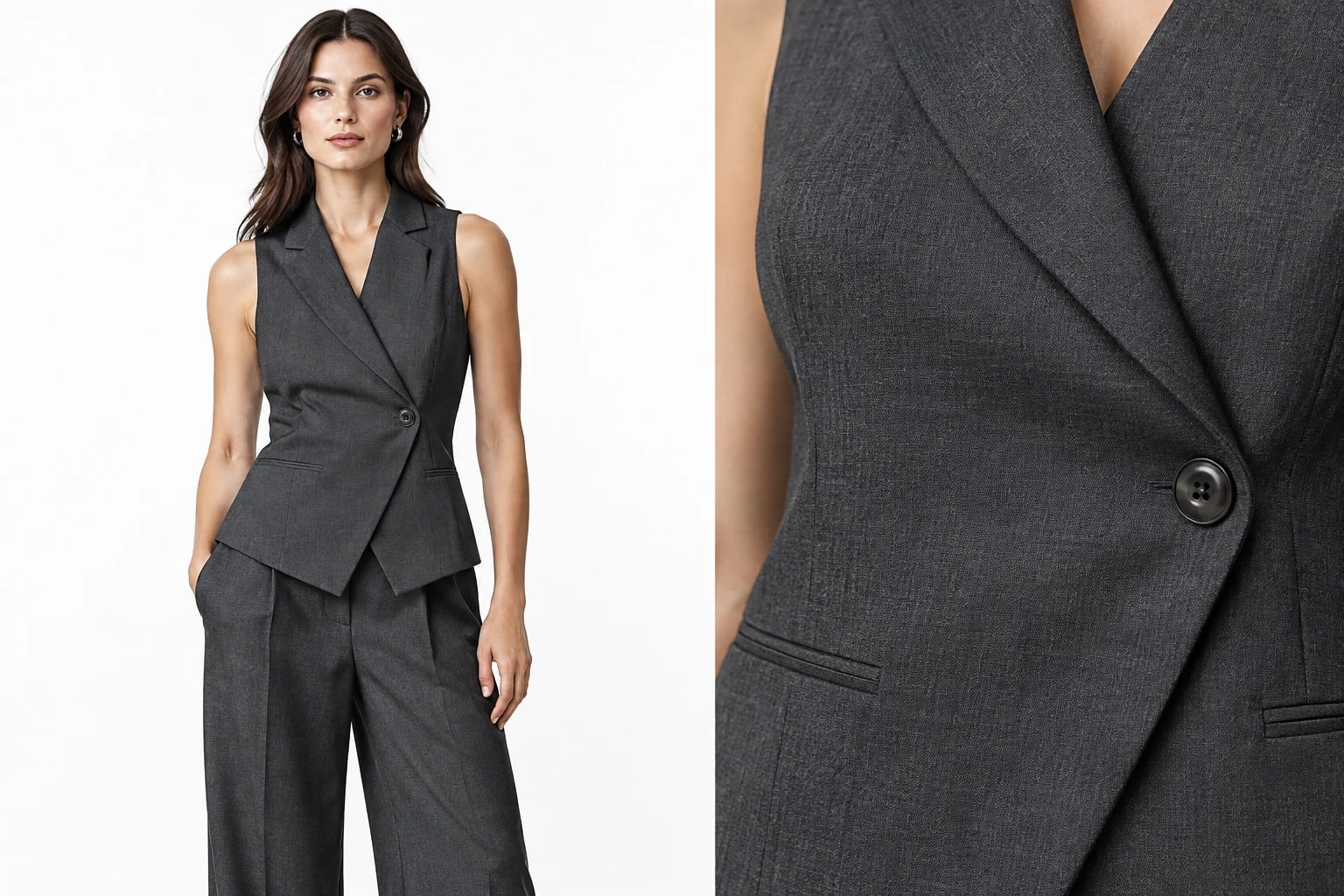 A model in charcoal tailoring against white beside a close-up of the waistcoat fastening.