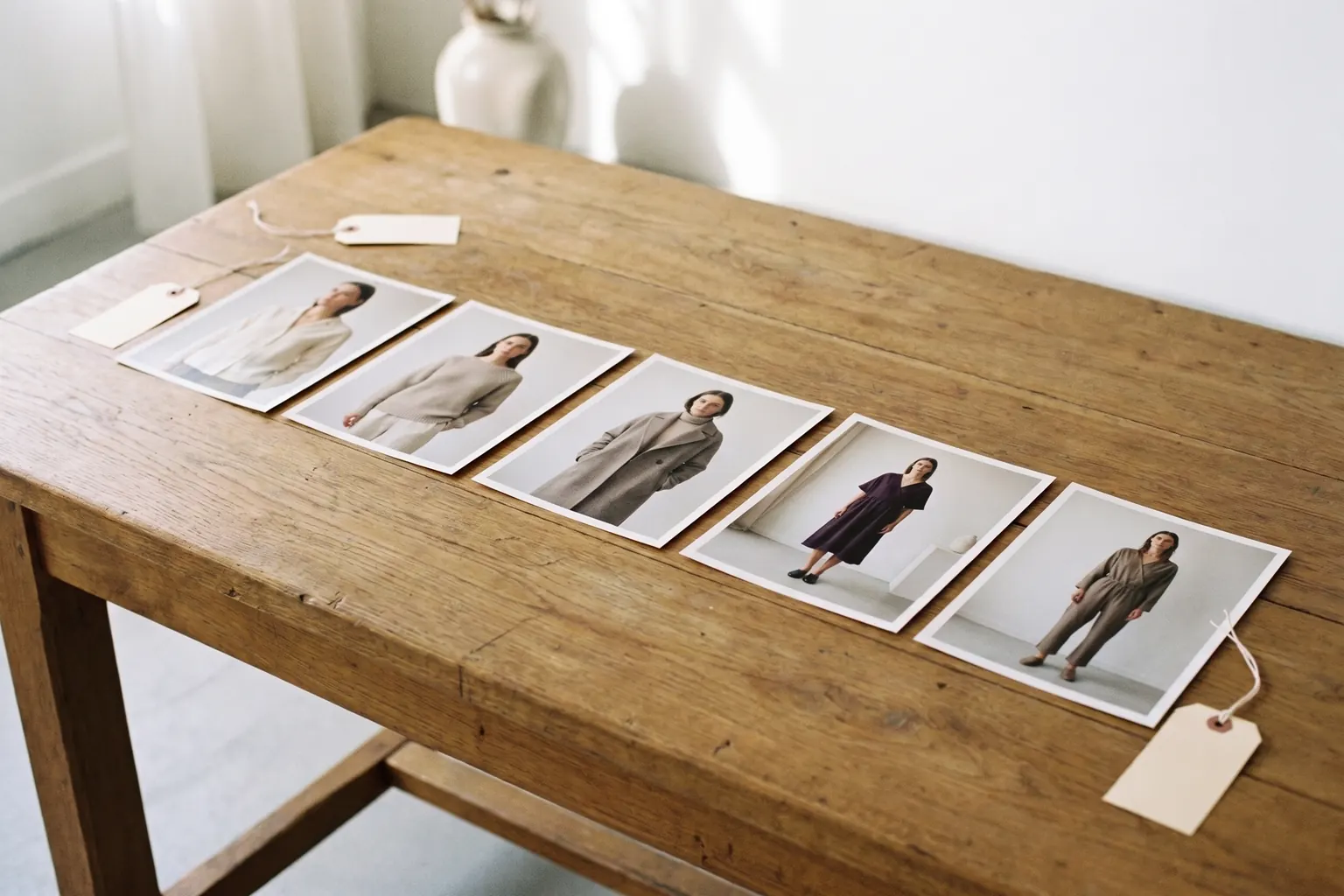 A row of prints on a long table showing the same model in five different garments.