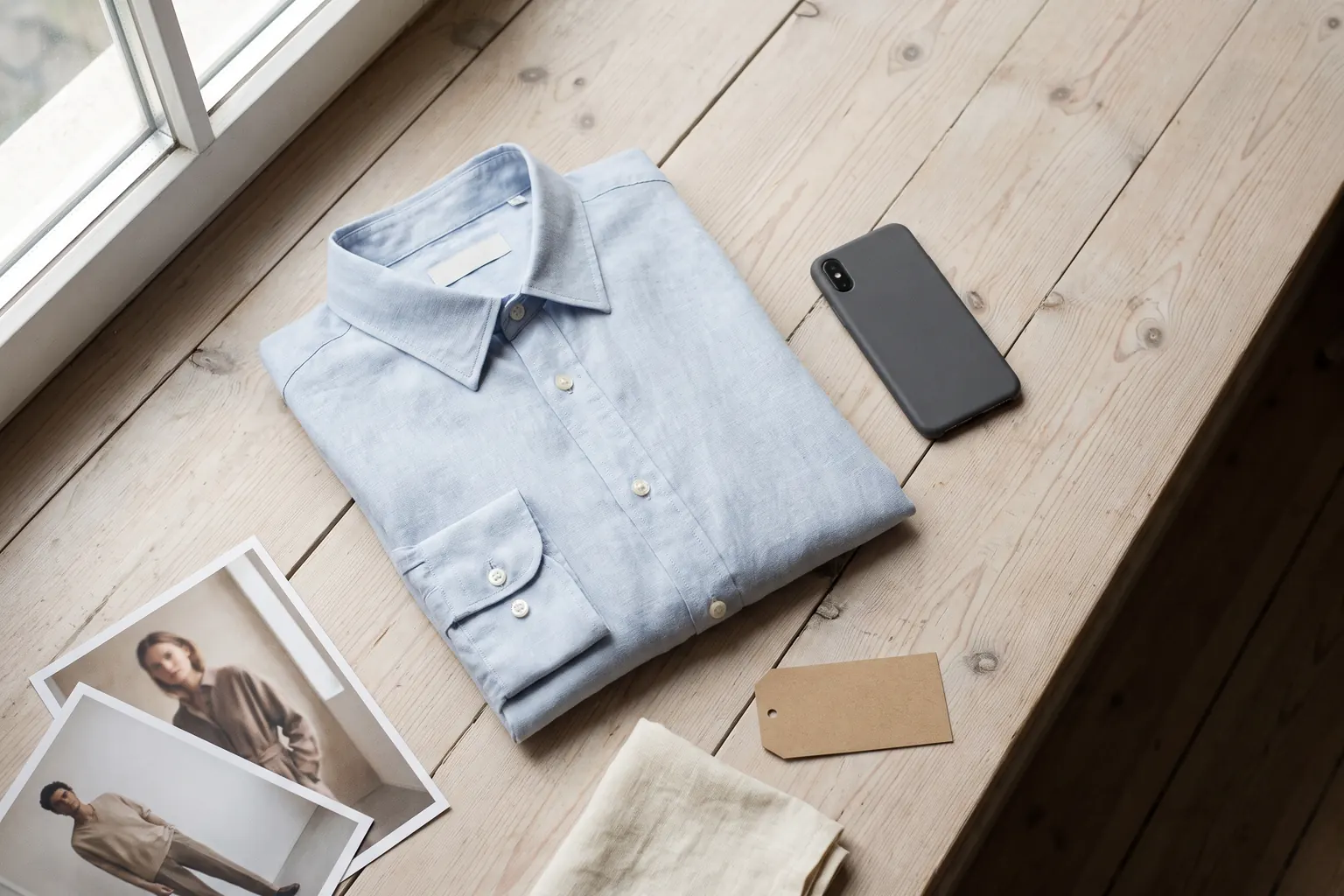 A folded light blue linen shirt on a pale wooden floor by a window, with a phone lying beside it.