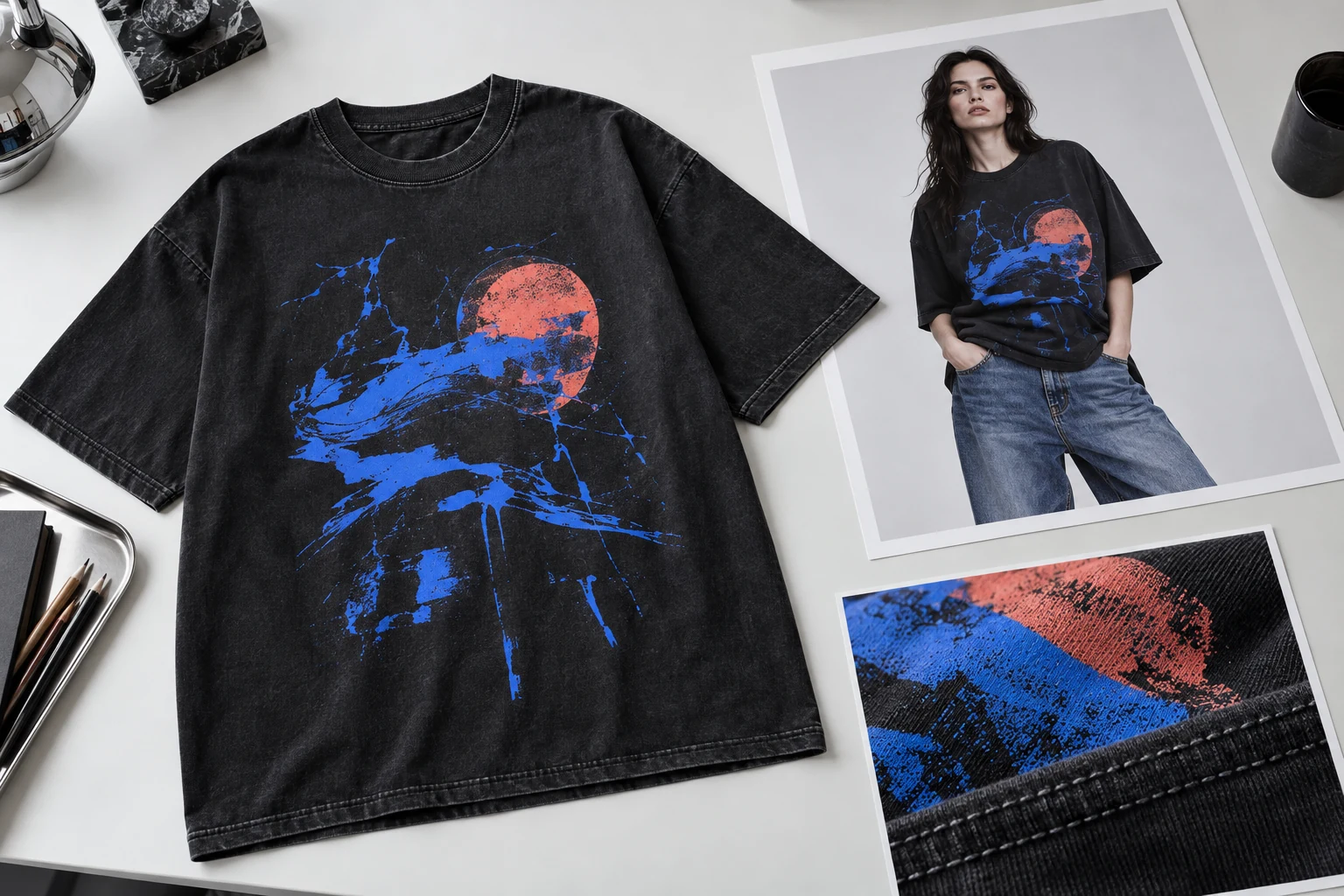 A washed-black graphic T-shirt beside a modelled reference image and a close-up of the printed fabric.