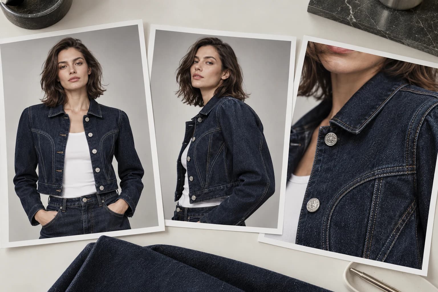 Three photographic views of a model wearing an indigo denim jacket, with a close-up of its seam and fastening.