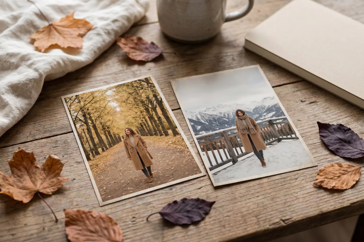 Two prints of the same wool coat on a desk scattered with dried leaves, one set on an autumn avenue and one on a snowy terrace.