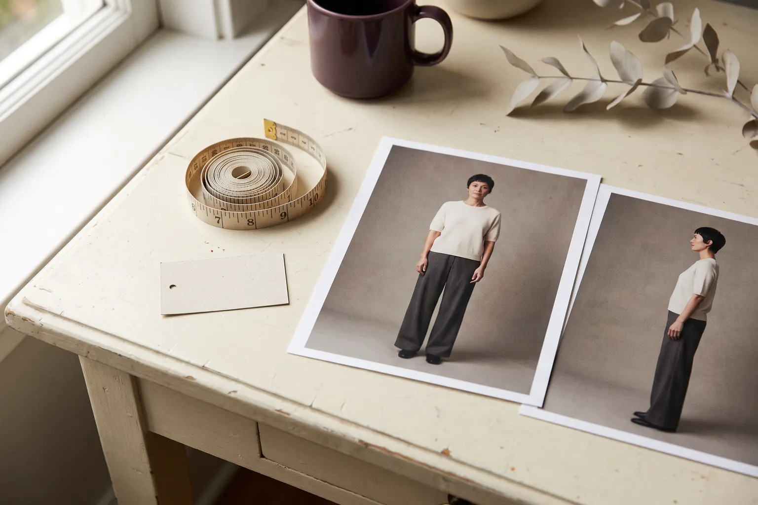 A tape measure and a blank size tag beside prints of a model wearing wide-leg trousers.