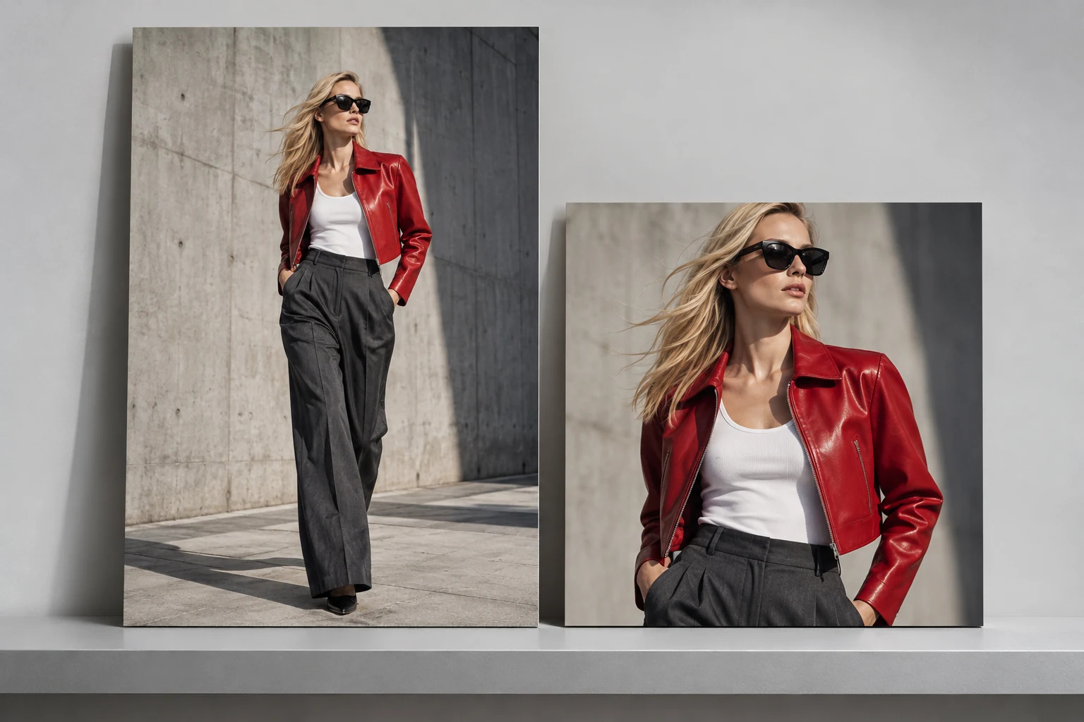 Vertical and square campaign photographs of a model wearing a cherry-red jacket and charcoal trousers.
