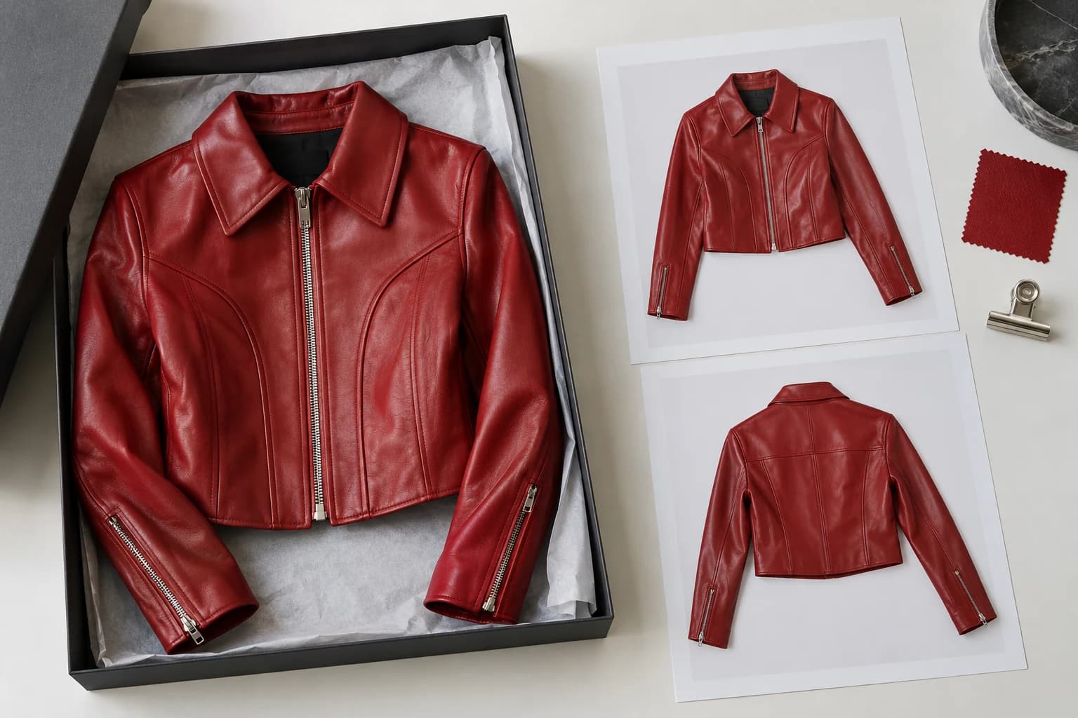 A red jacket in a garment box beside front and back reference photographs and a matching swatch.
