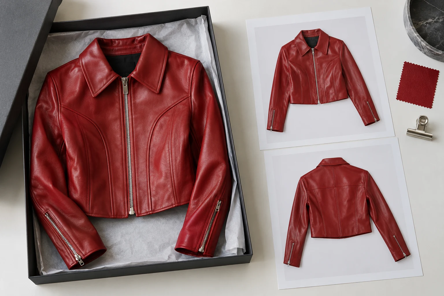A red jacket in a garment box beside front and back reference photographs and a matching swatch.