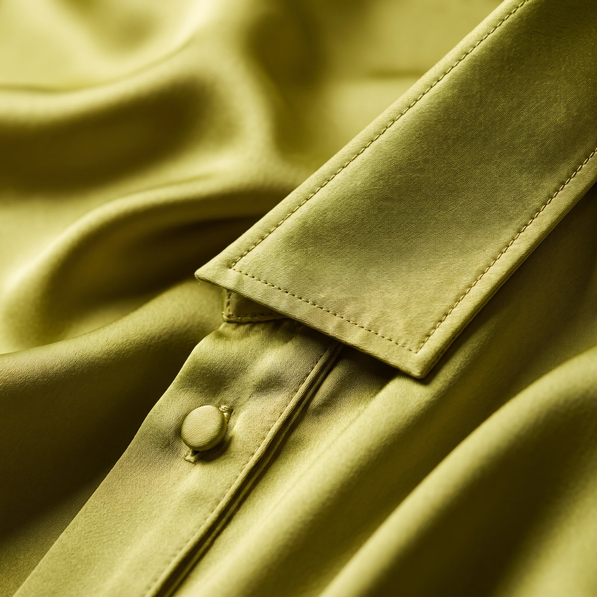 A close study of citron silk, showing the weave, folds, stitching, and a button