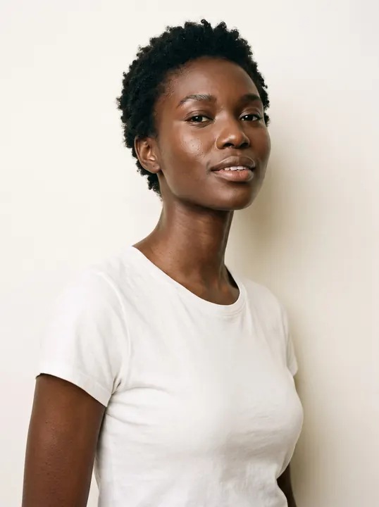 Amara, a fictional AI model: a woman with short natural coils and high cheekbones, in a white tee