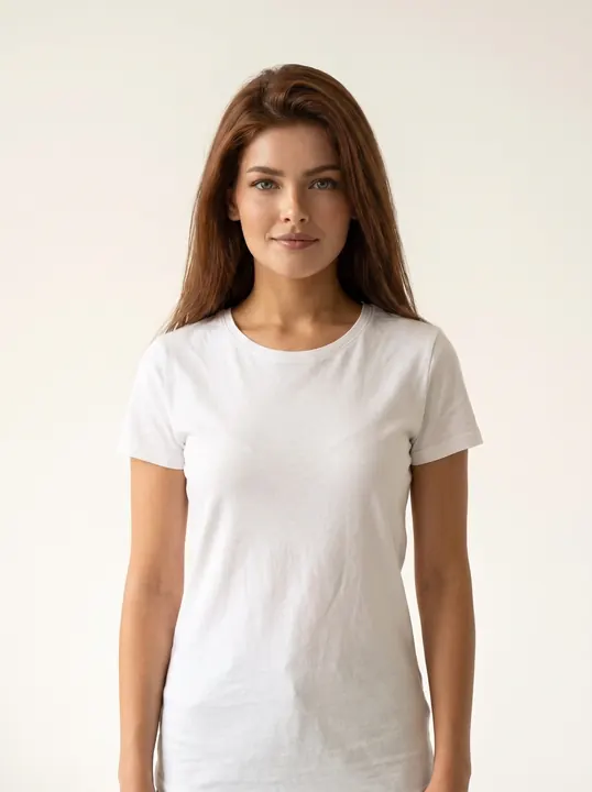 Amy, a fictional AI model: a woman with long chestnut hair, in a white tee