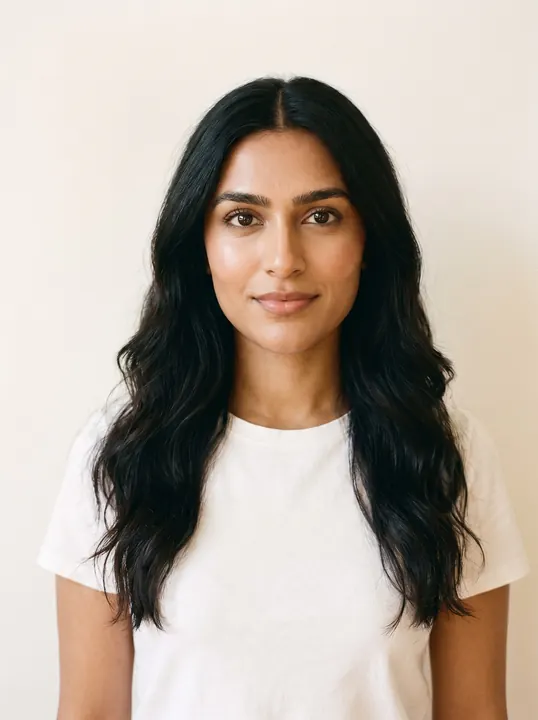 Ananya, a fictional AI model, in a white T-shirt