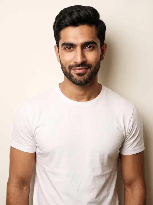 Arjun, a fictional AI model: a man with swept-up black hair, strong brows and a short beard, in a white tee