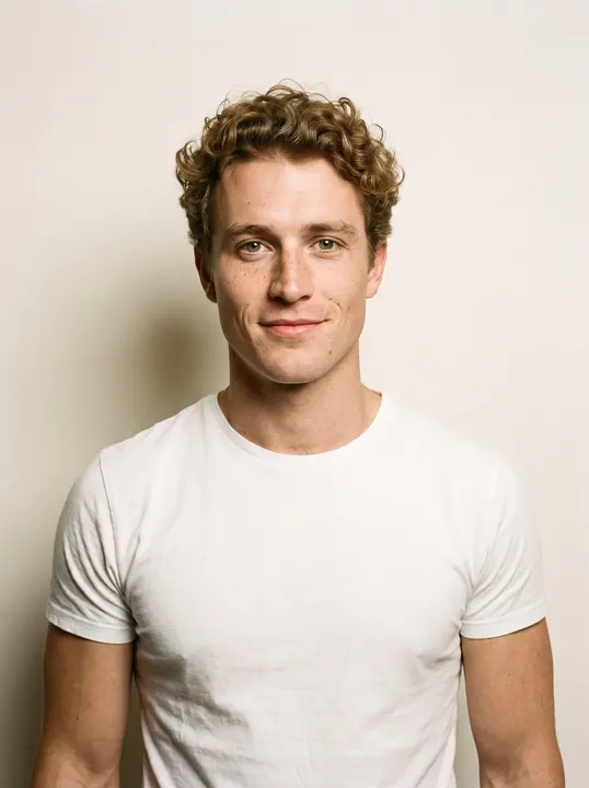 Callum, a fictional adult AI model with tousled curls and a boyish grin, in a white T-shirt