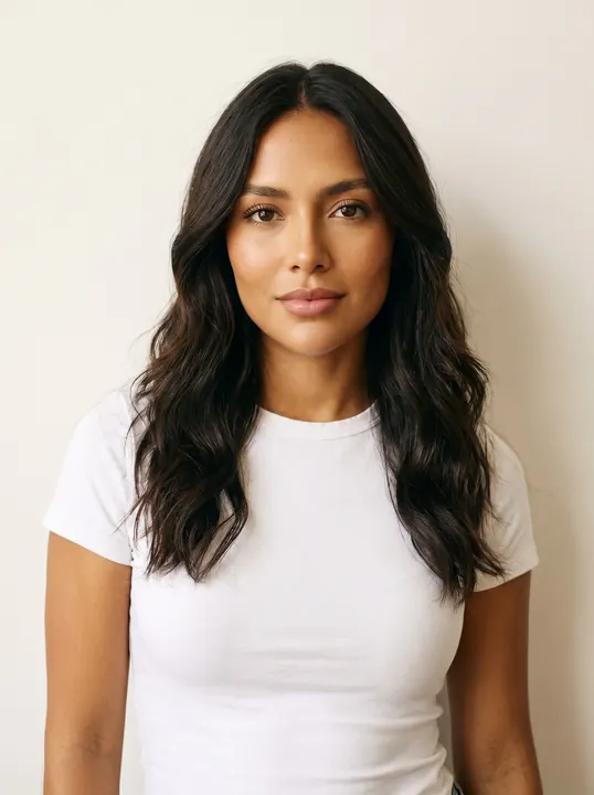 Camila, a fictional AI model: a woman with long dark waves, in a white tee