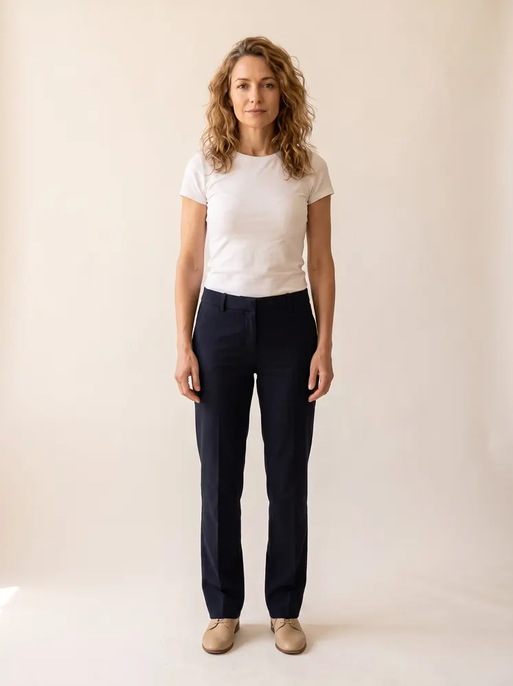 Colette, a fictional AI model: full length, with honey-brown waves, in a white tee and dark trousers