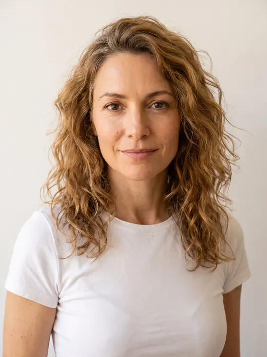 Colette, a fictional AI model, in a white T-shirt