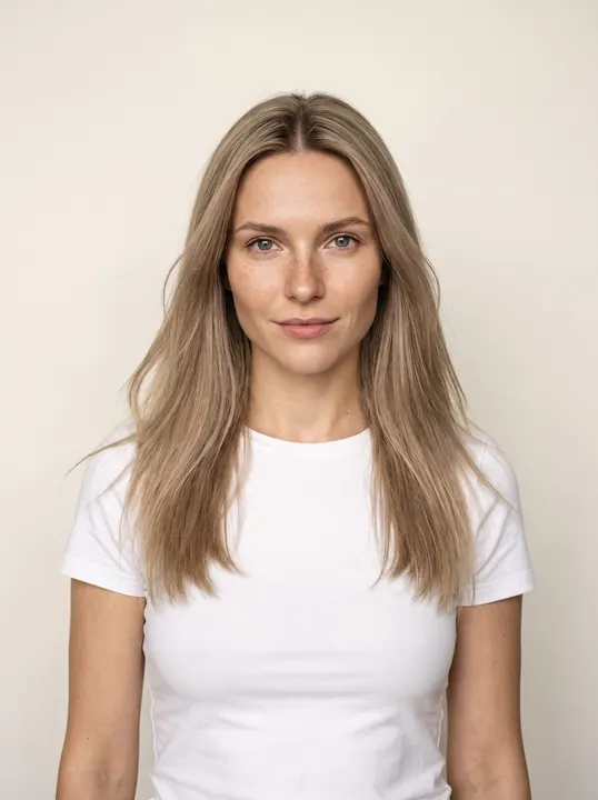 Daria, a fictional adult AI model with long ash-blonde hair, in a white T-shirt