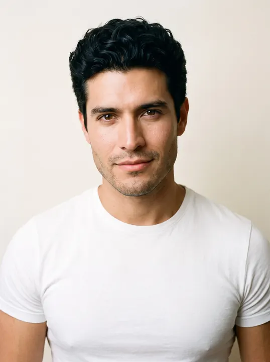 Diego, a fictional AI model, in a white T-shirt
