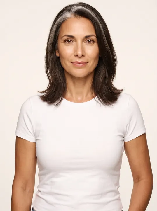 Elena, a fictional AI model: a woman with shoulder-length dark hair and a silver streak, in a white tee