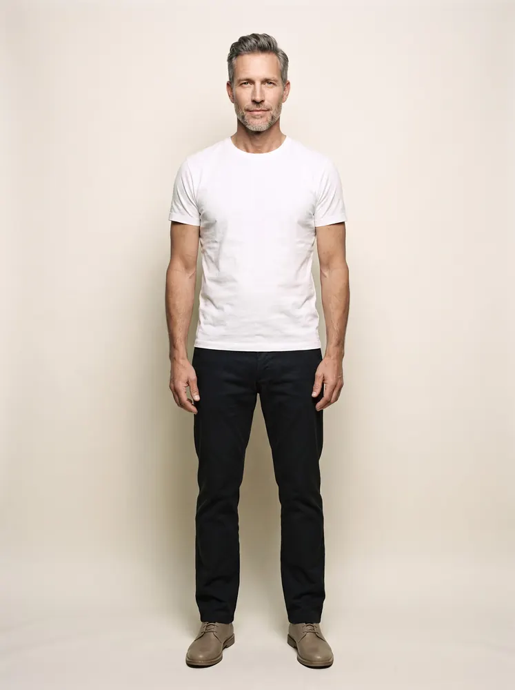 Elias, a fictional AI model: full length, with grey hair and a salt-and-pepper beard, in a white tee and dark trousers