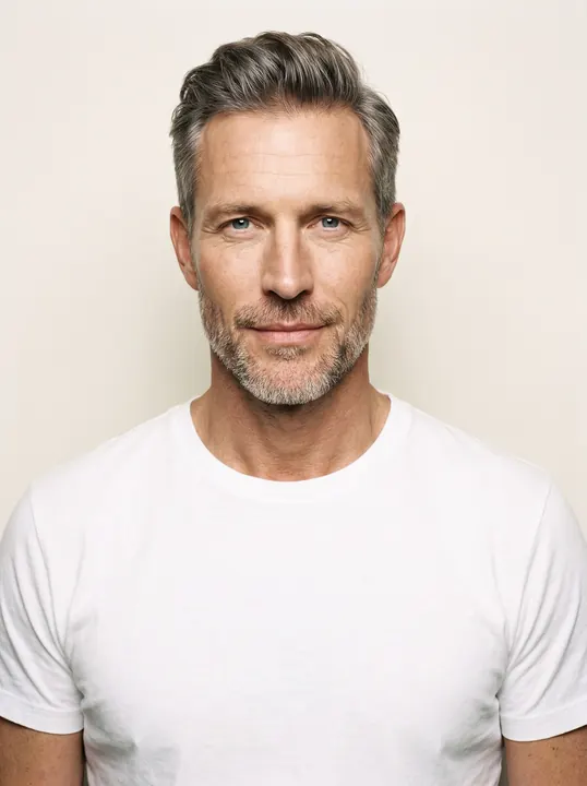 Elias, a fictional AI model: a man with short grey hair and a salt-and-pepper beard, in a white tee