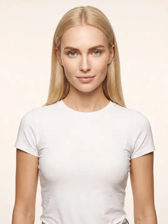 Freya, a fictional AI model, in a white T-shirt