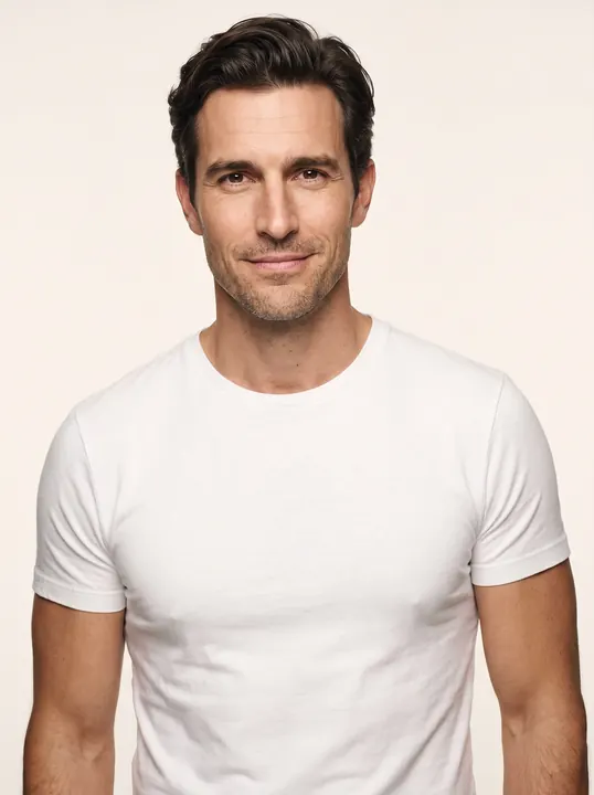 Hugo, a fictional AI model: a man with dark swept-back hair and light stubble, in a white tee