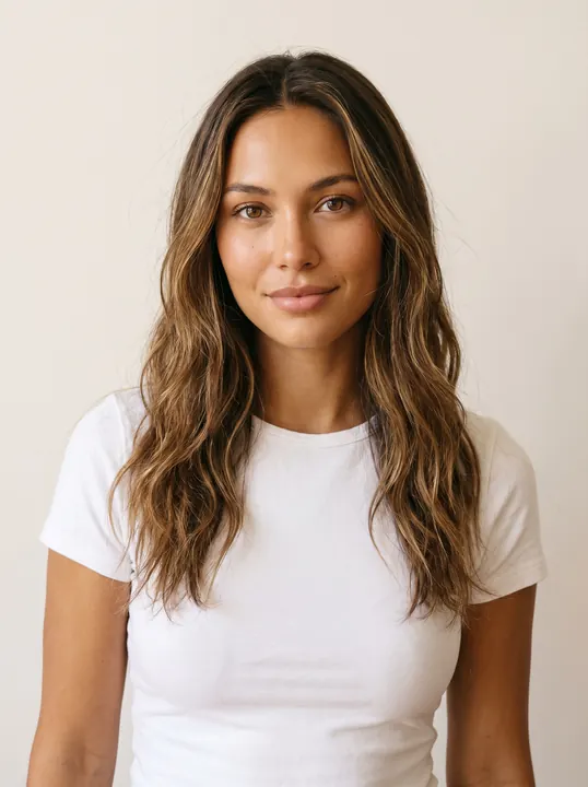 Isabela, a fictional AI model: a woman with long sun-streaked waves, in a white tee
