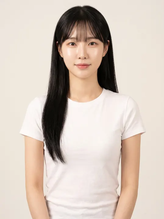 Jiwoo, a fictional AI model: a woman with long straight black hair and soft bangs, in a white tee
